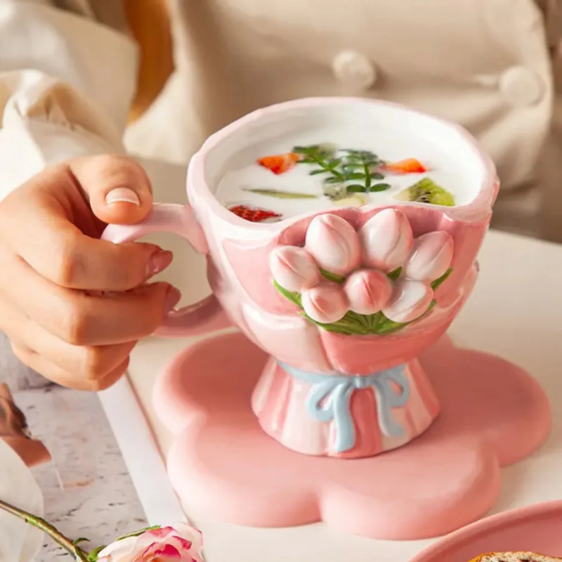 Three-dimensional Relief Tulip Ceramic Coffee Cup Embossed Flower Bouquet Mugs Mugs Coffee Cups Afternoon Tea Accessories