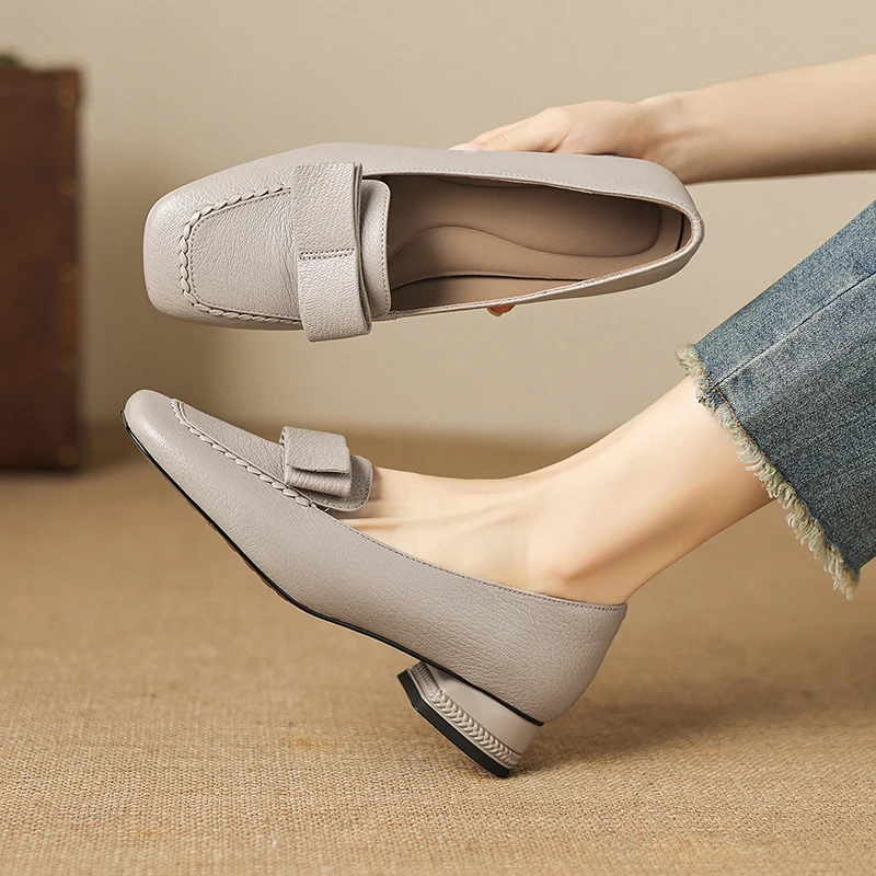 2026 new spring summer women pumps natural leather 22-25cm sheepskin square toe round heel butterfly-knot women shoes fashion