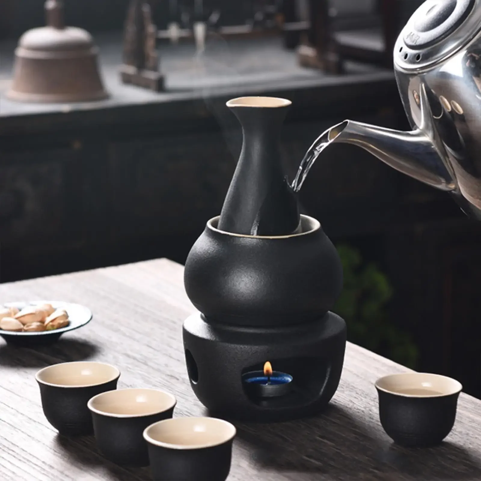 

Ceramic Sake Set with Warmer, Traditional Sake Bottle, Warming Bowl, Porcelain Pottery, Sake Drink for Gift,Tea Party