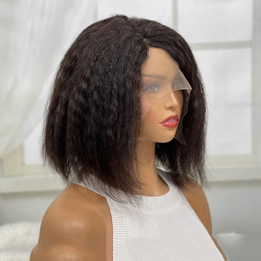 Peruca dianteira reta perverso preta do laço para mulheres, cabelo curto do bebê, resistente ao calor, sem cola, sintético pré-arrancado, densidade 180, 16"