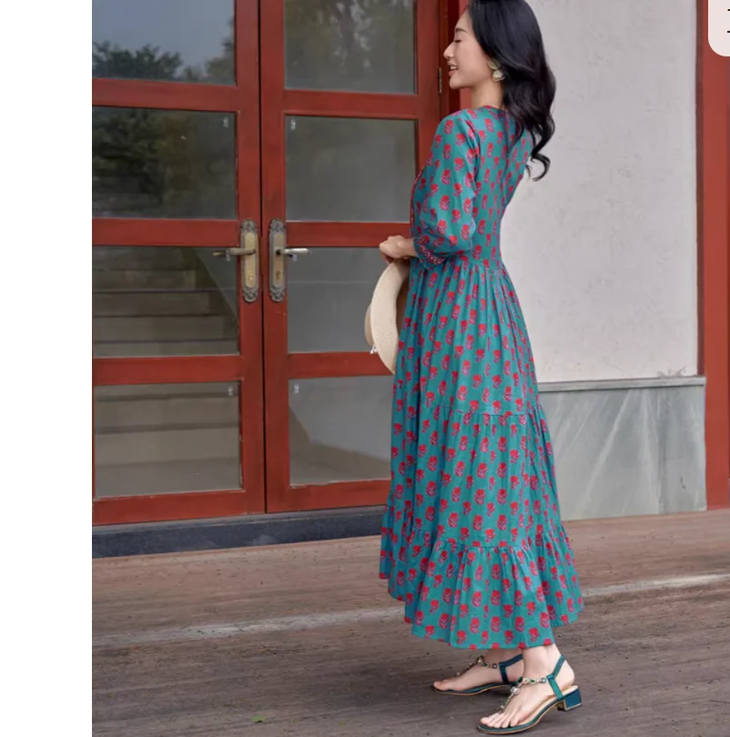 100% cotton three-quarter sleeves printed stand-up collar floral Indian ethnic style long dress - view 2