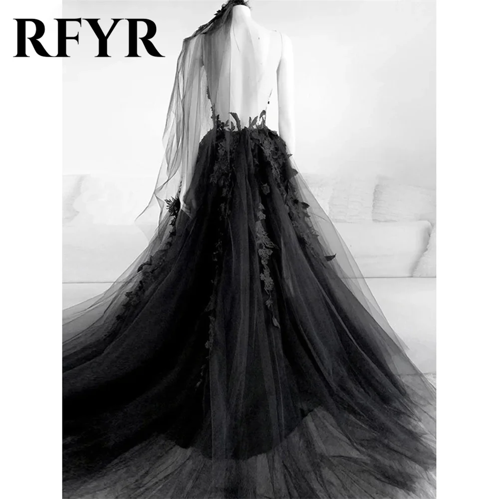 RFYR Black Prom Dresses Gown Sexy Backless High Side Split A-line Evening Dress Lace Formal Party Gowns With Veil Robe De Soirée