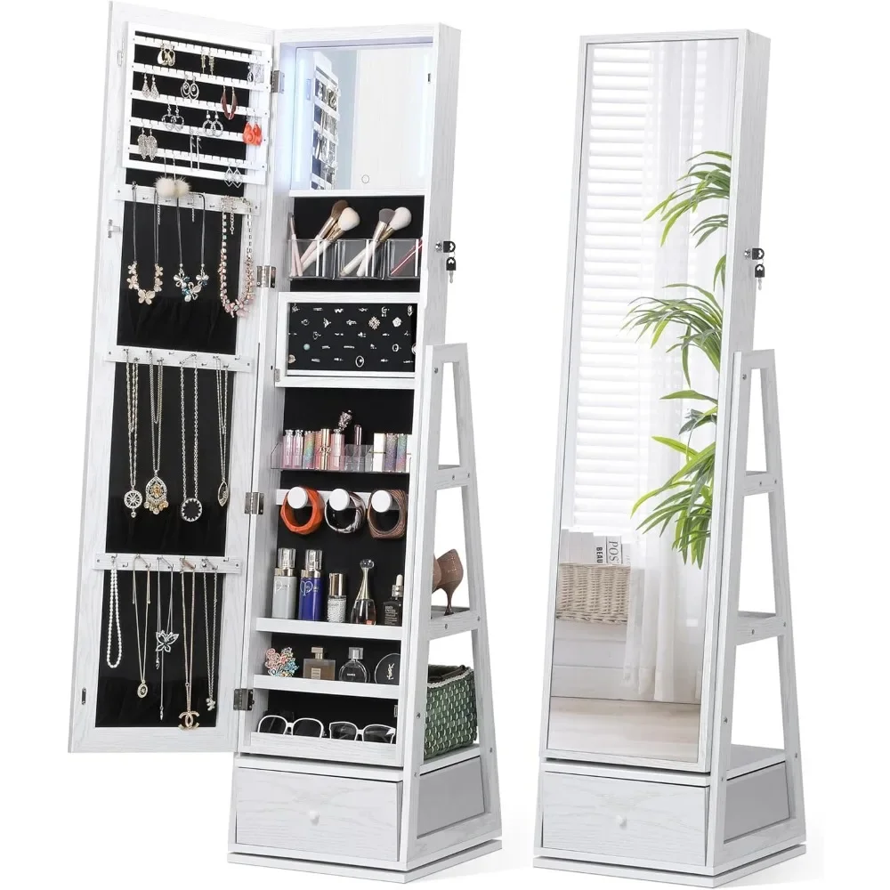 360 ° Gabinete de joyería giratorio con luces, espejo de tocador con pantalla táctil, espejo giratorio de longitud completa, estante de maquillaje plegable, blanco