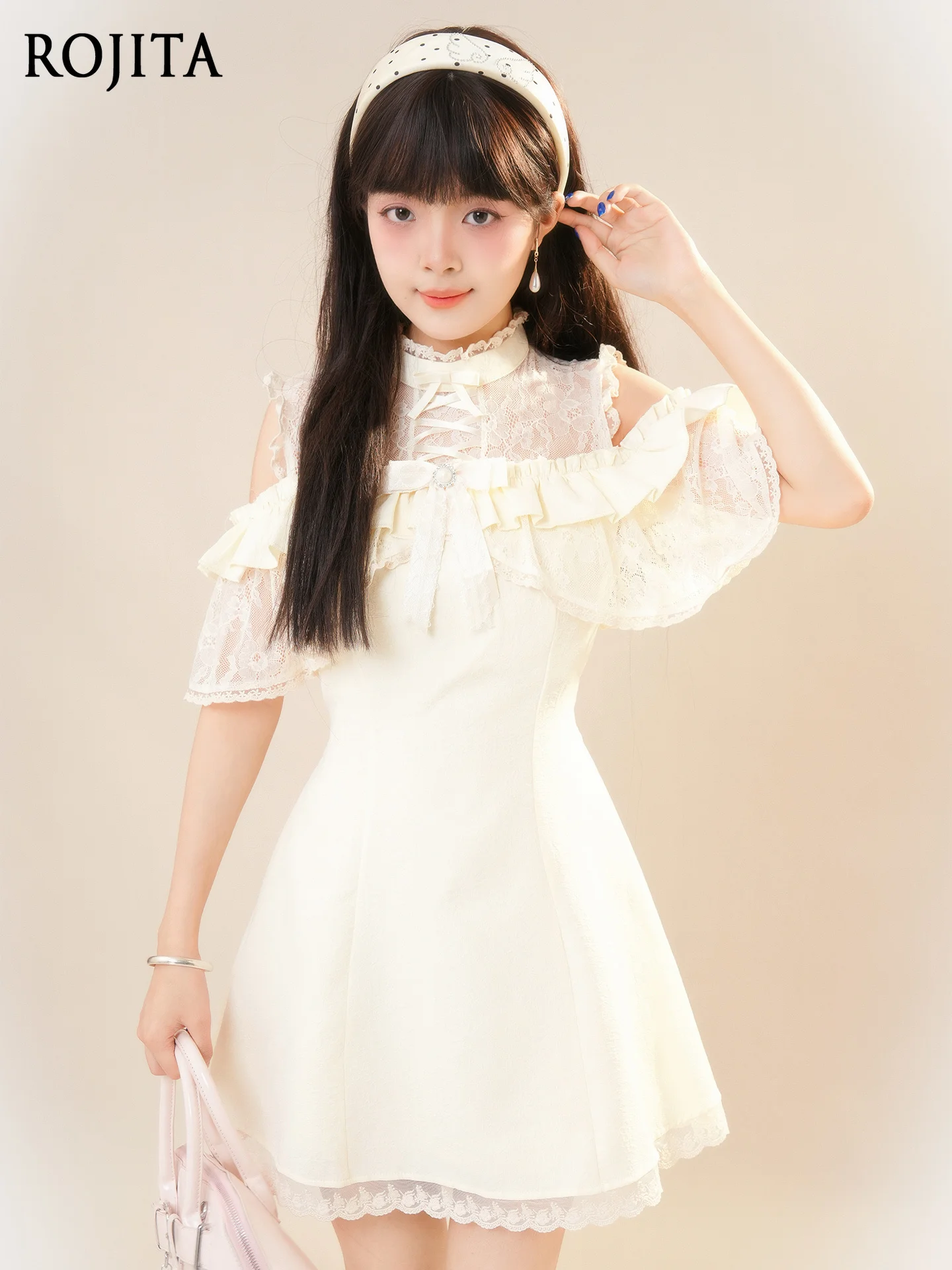 

Japanese Gentle Lace Splicing Mini Dress for Women High Waist Short Light Apricot Dress Ruffled Crew Neck Bow Short Dress