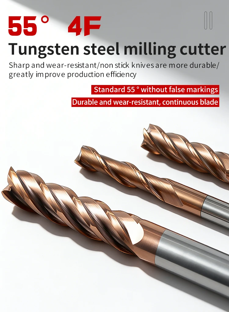 4-schneidiger Hartmetall-Schaftfräser HRC55 mit verlängertem geradem Schaft, CNC-Werkzeug mit hochharter Beschichtung für flachen Boden – Detail 1
