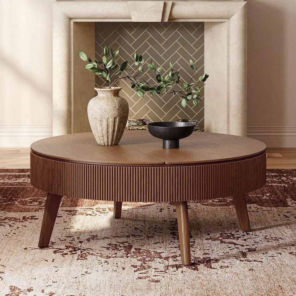 &c Round Solid Wood Coffee Table Luxury Living Room Furniture Slatted Tambour Design Lift Top Coffee Table