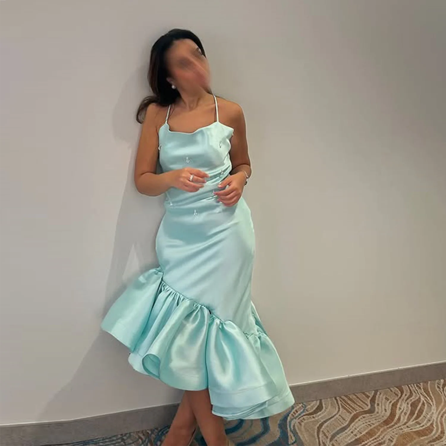 Gorgeous Sain Mermaid Prom Dress Spaghetti Style Ruched Satin High Low Short Evening Gowns Cocktail Party Dress