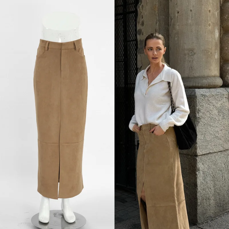 

Vintage Faux Suede High Waist A-Line Skirts For Women Autumn Winter Casual Office Chic Khaki Color Pencil Skirt With Side Slit