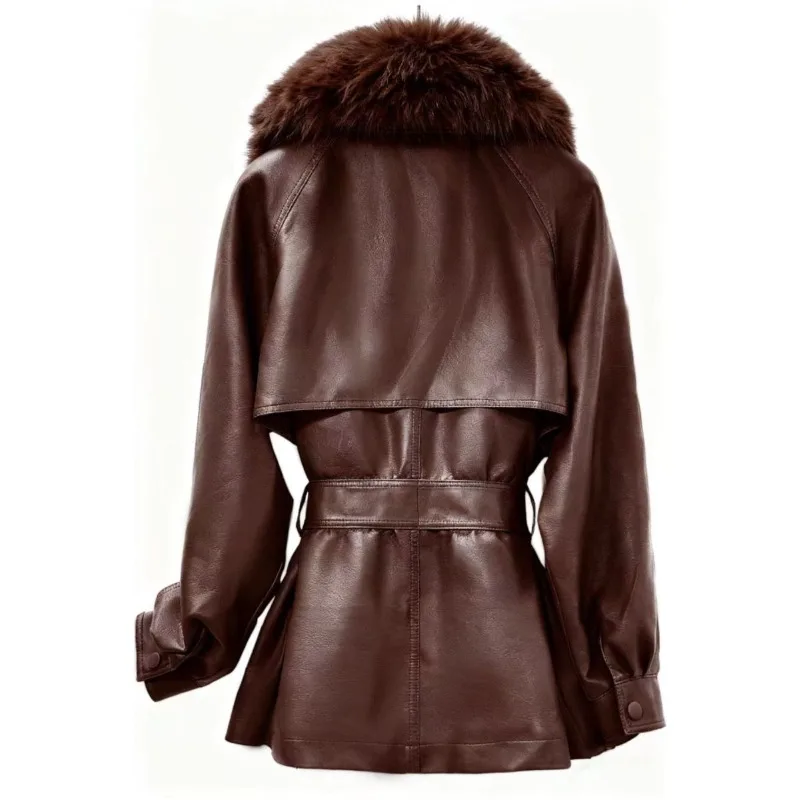 コットンPUレザー レディース レースアップ ウエストレザージャケット 秋冬 大きいサイズ 厚手コート 高級婦人用 ファーカラー取り外し可能