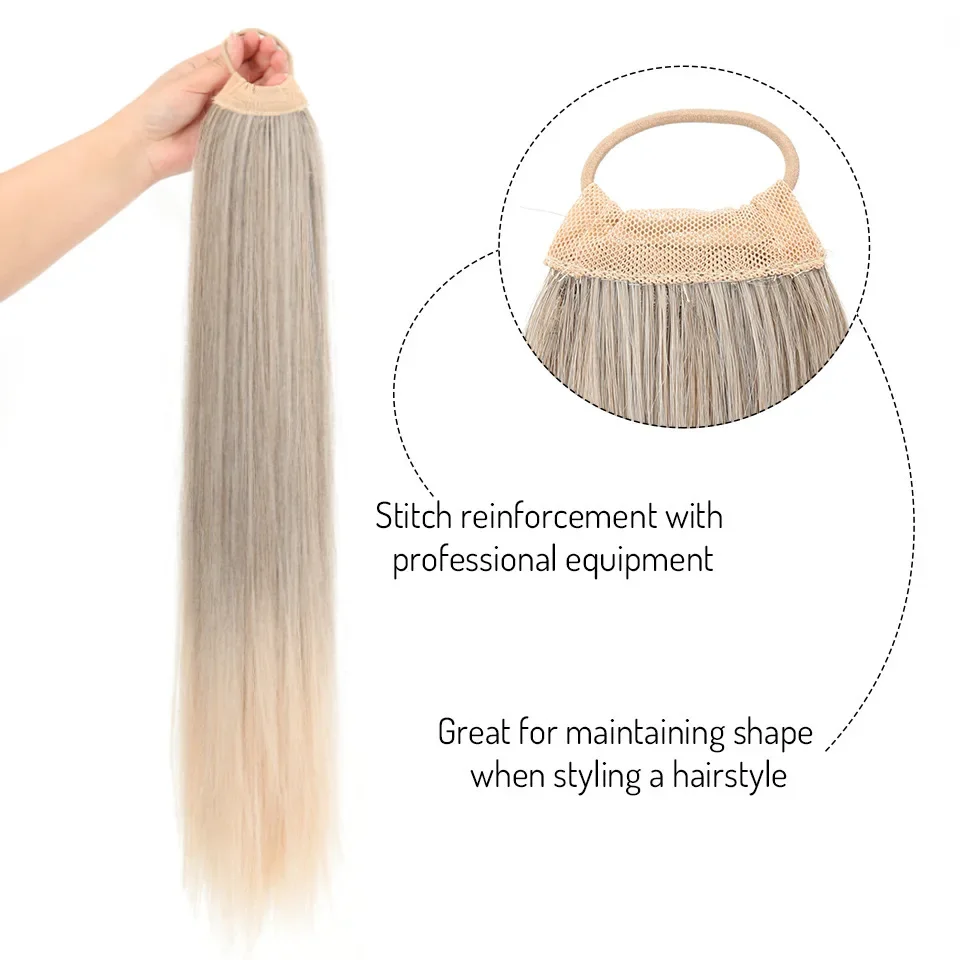 28inch Synthetic Straight Ponytail Extensions Blonde Hairpiece With Hair Tie Rubber Band Can Be DIY Braided Ponytail