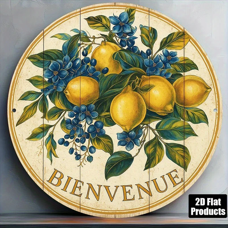 2D Flat,Round French Aluminum Sign Featuring a Vintage Decoration Plaque with The Word 'Welcome',a 'Lemon And Blueberry'