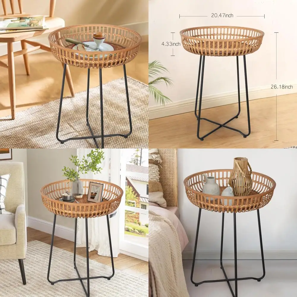 

Boho Style Bamboo Rattan Side Table for Drink, Suitable for Balcony, Living Room, and Bedroom