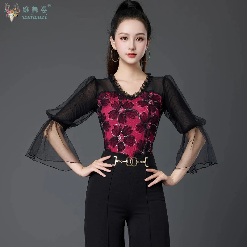 

Latin Dance Practice Clothes Half Sleeves Mesh Top Women's Tango ChaCha Waltz Costume Ballroom Modern Social Dance Clothing