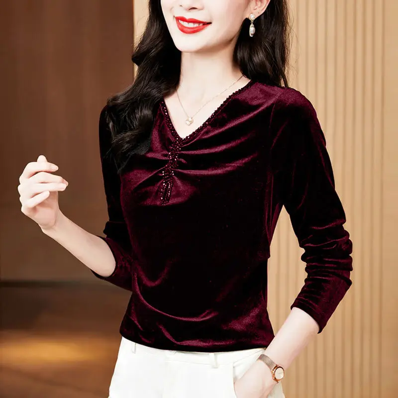 Women French Style Sexy V Neck Ruched Elegant Basic T Shirt Autumn Winter Fashion Vintage Gold Velvet Chic Long Sleeve Slim Tops