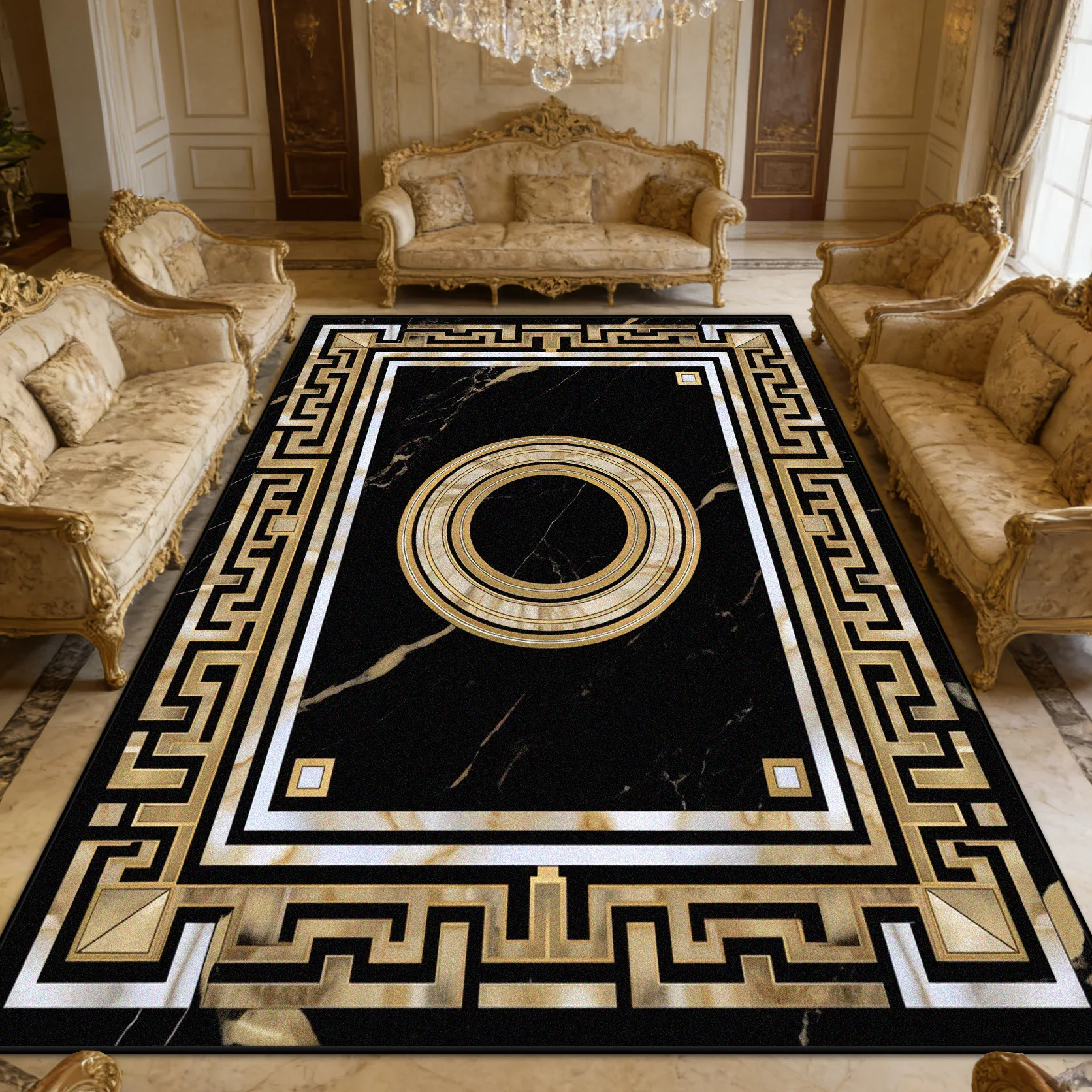 

Chinese Luxury Marble Non-slip Living Room Carpet Short Velvet Resilient Black Gold Rug Large Size Easy Clean Fluffy Floor Mats