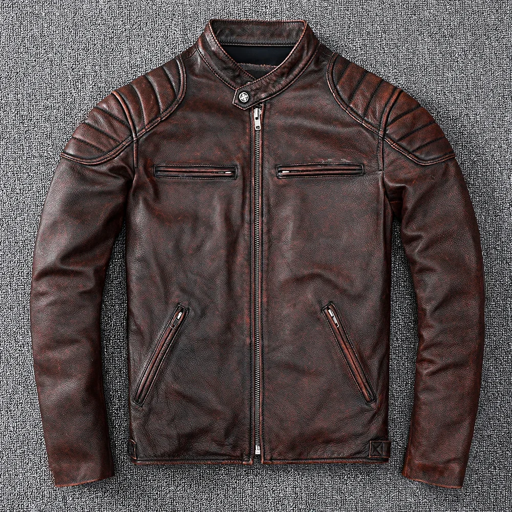 Veste de motard en cuir véritable pour hommes, manteau mince en cuir marron, vêtements en peau de vache, style vintage, mode, nouveau, livraison gratuite, 2021