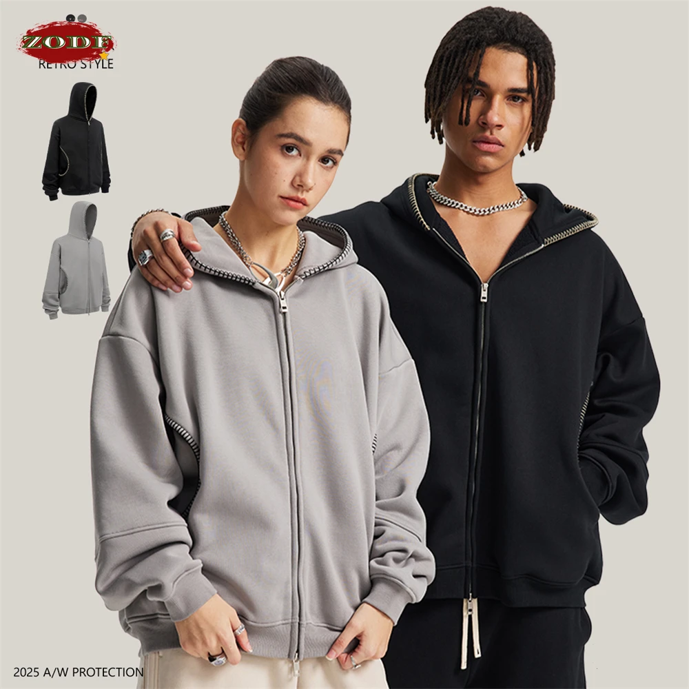 

ZODF 2025 Осень Зима Новая флисовая толстовка с капюшоном 385 г/м2 для мужчин унисекс толстая нить с замком и вышивкой на молнии мужская толстовка с капюшоном пальто HY1131