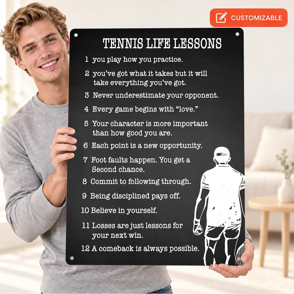 Tennis Life Lessons With Player Printed Poster Personalized Aluminum Metal Sign Motivational Lettering Wall Art For Club Lounge