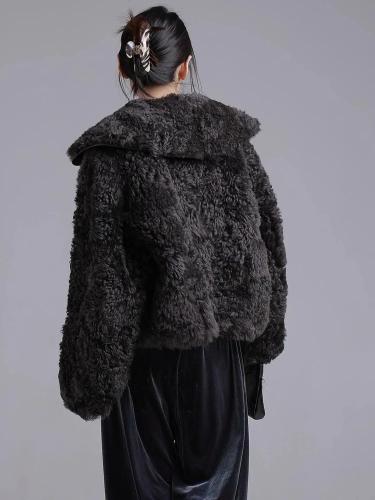 여성용 고급 토스카나 양털 시어링 재킷, 심플 네이비 넥 디자인 숏 겨울 천연 가죽 리얼 퍼 코트