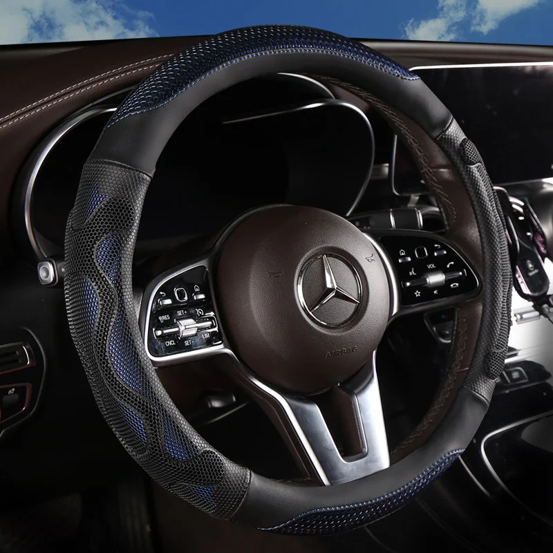 Three-dimensional Honeycomb O Shape Steering Wheel Cover Durable Leather Cover with Anti-slip Linning Universal 14.5-15in
