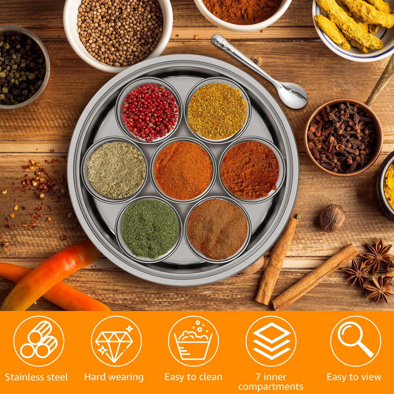 Seven Compartment Transparent Seasoning Box with Spoon Lid and Storage Base, Salt, Sugar, MSG 7 in One Storage Container