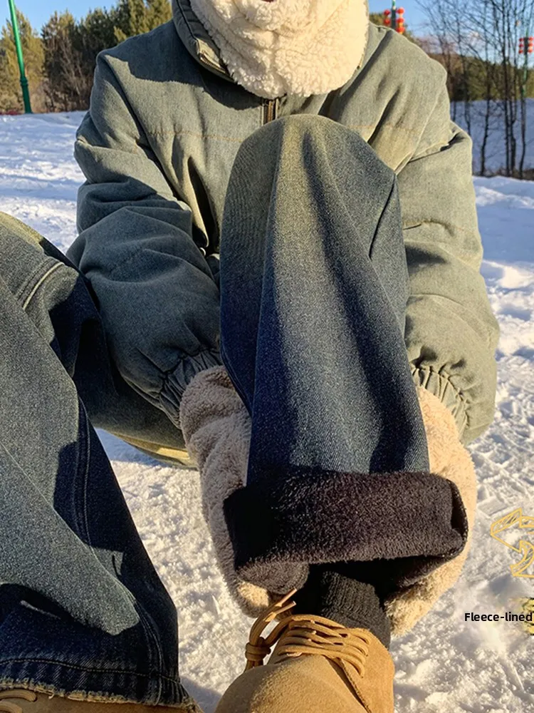 

Мужские джинсы в стиле ретро синего цвета на флисовой подкладке, зимние, американские, в стиле High Street, прямые, широкие, свободного кроя, молодежные, модные