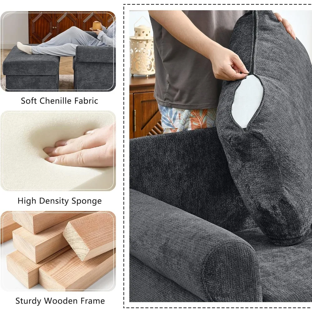 Kursi Aksen 35,82” dengan Ottoman, Kursi Ruang Tamu Berlapis Kain untuk Membaca, Kursi Santai dengan Chaise Lounge untuk Dalam Ruangan, Nyaman