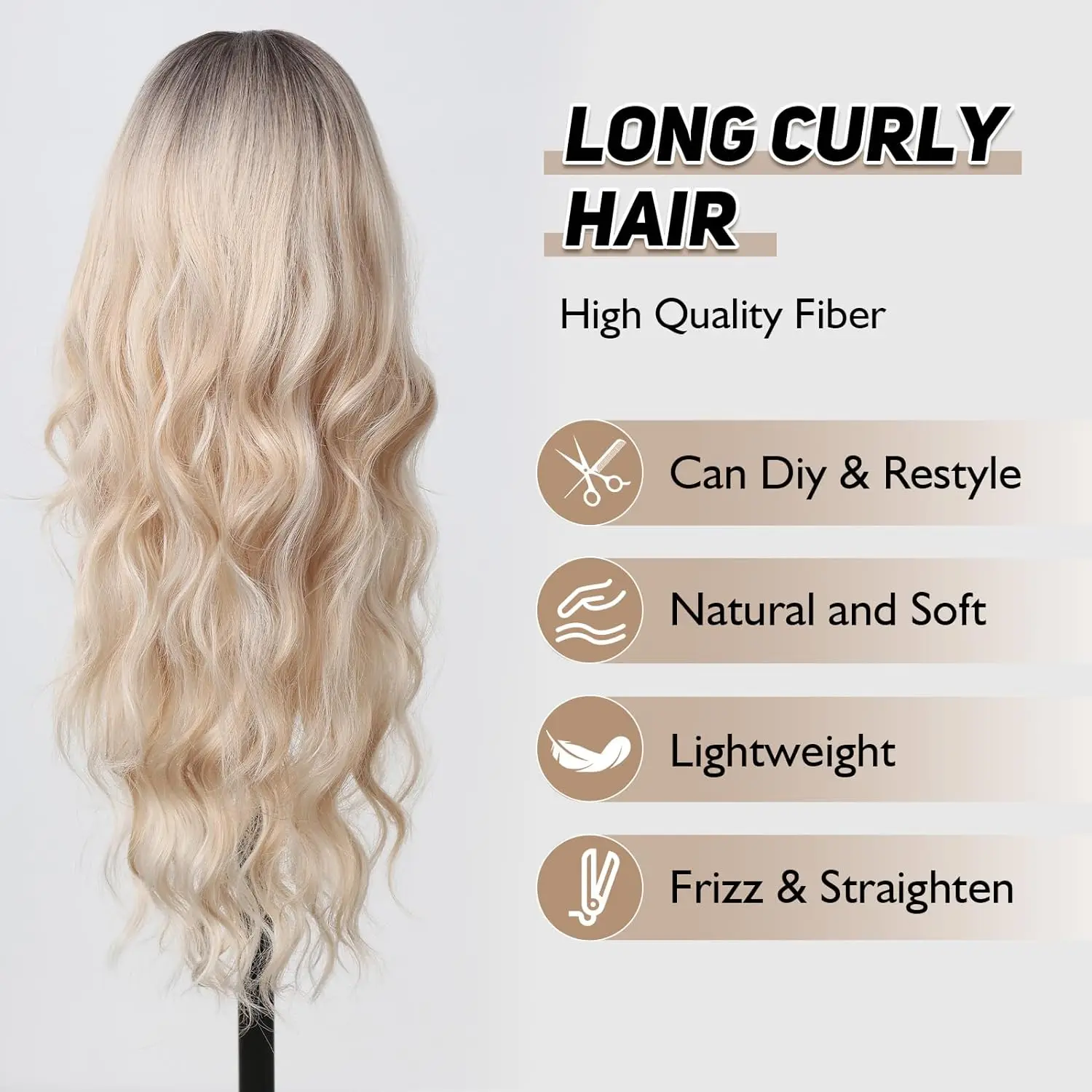 Long Wavy Wigs Blonde Wigs With Bangs For Women Platinum Stripe Highlight Long Curly Wavy Wig With Dark Roots Synthetic Hair Wig