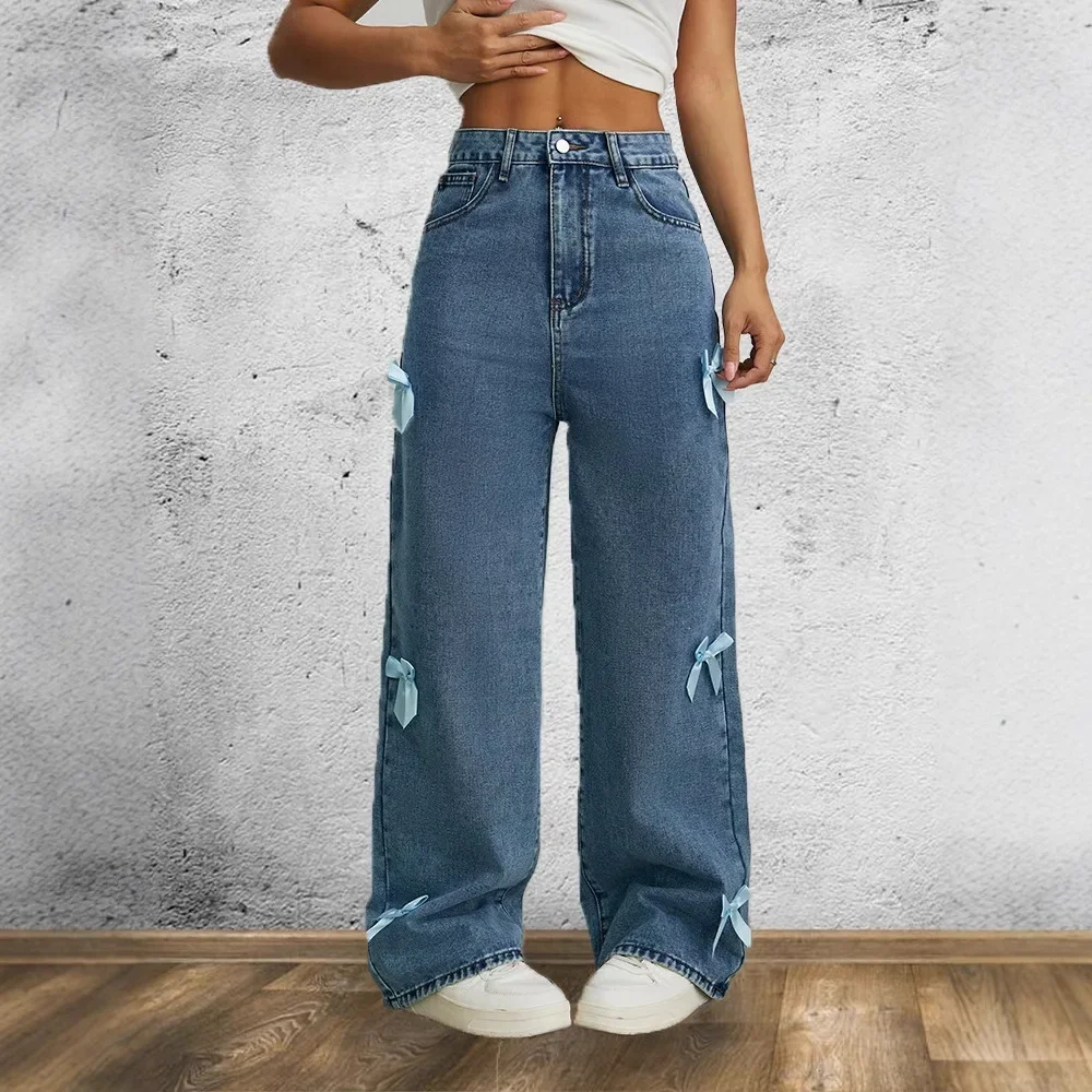 

Wide Leg Pants Women Streetwear Jeans Bow High Waist Washed Distressed Female Straight Trousers Vintage Floor Length Denims