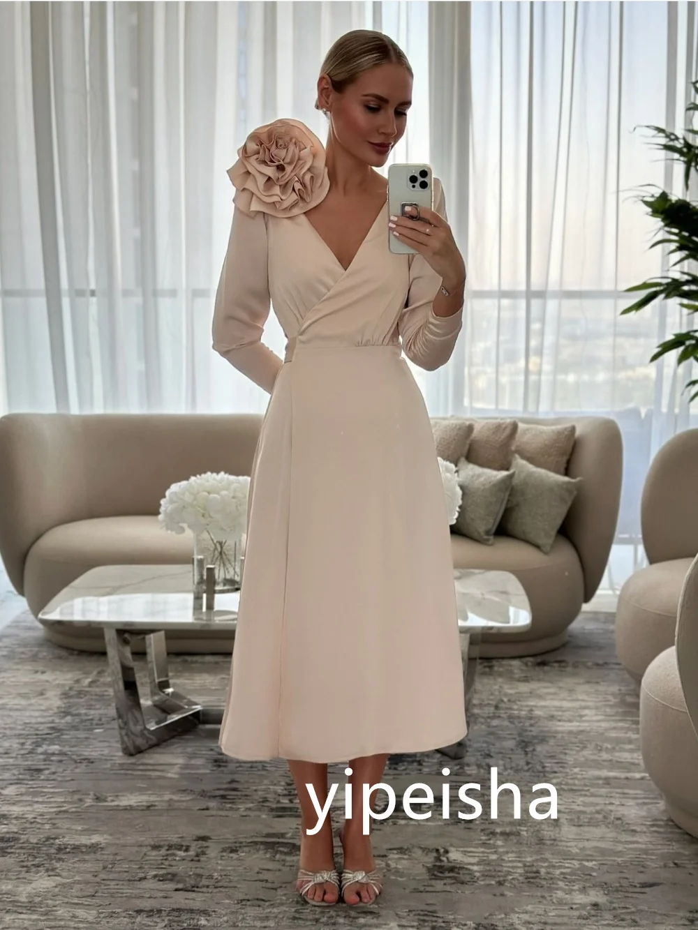 Exquisitos vestidos Midi con cuello en V para mujer, Jersey de flores, línea A, vestidos de graduación, Pastrol Unisex, estilo chino, Formal,