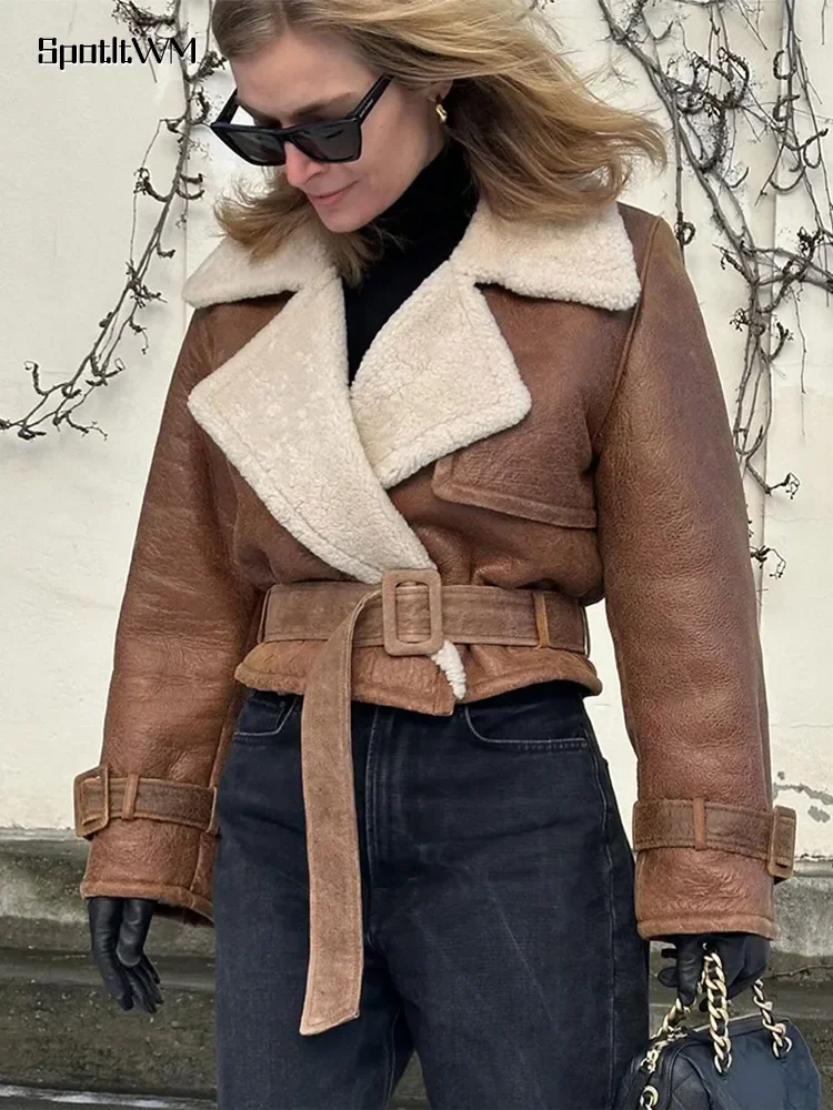 

Vintage Casual Fur Leather Jacket Women Solid Warm Long Sleeve Coats With Belt 2024 Autumn Winter Female High Street Outerwear