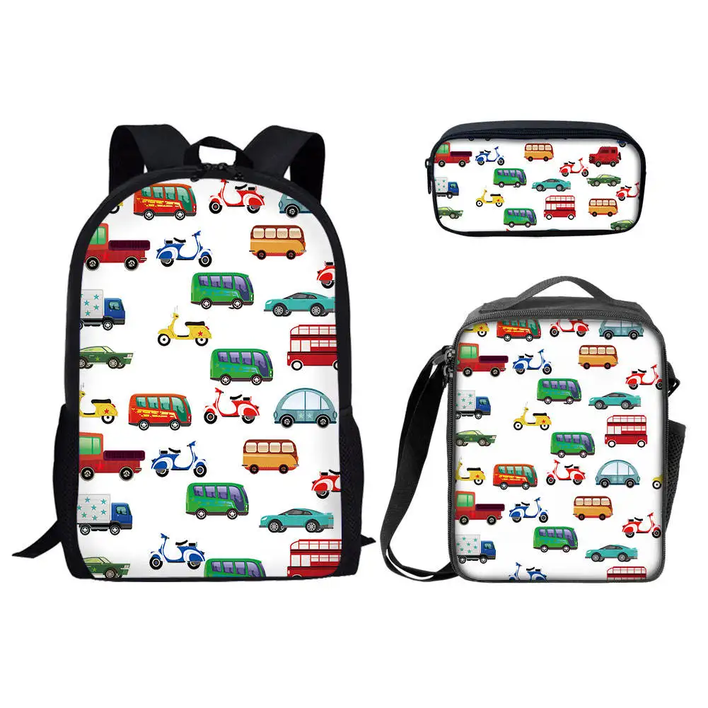 Carros de desenhos animados Mochila Padrão para Crianças, Mochilas escolares Conjuntos para Meninos, Mochila Casual, Presentes de Volta às Aulas, Saco de livro, 3Pcs