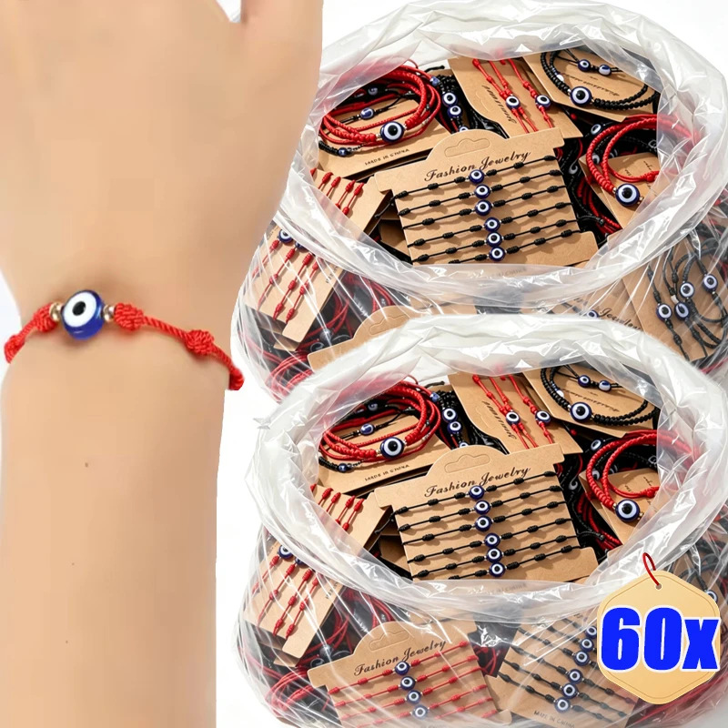 6/60Pcs Wholesale Evil Eye Bracelets Lucky 7 Knot Adjustable Red Black Braided Rope Unisex Family Friendship Protection Jewelry