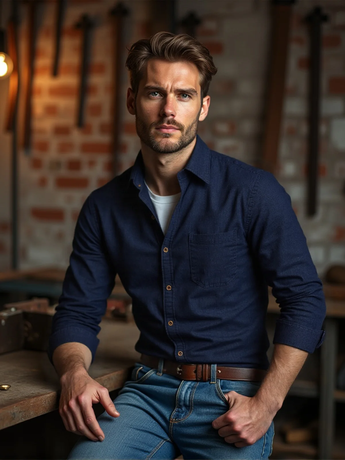 Men's Industrial Style Denim Shirt Spring Autumn Long Sleeve Single Breasted Business Casual Top Unique Design Premium Quality