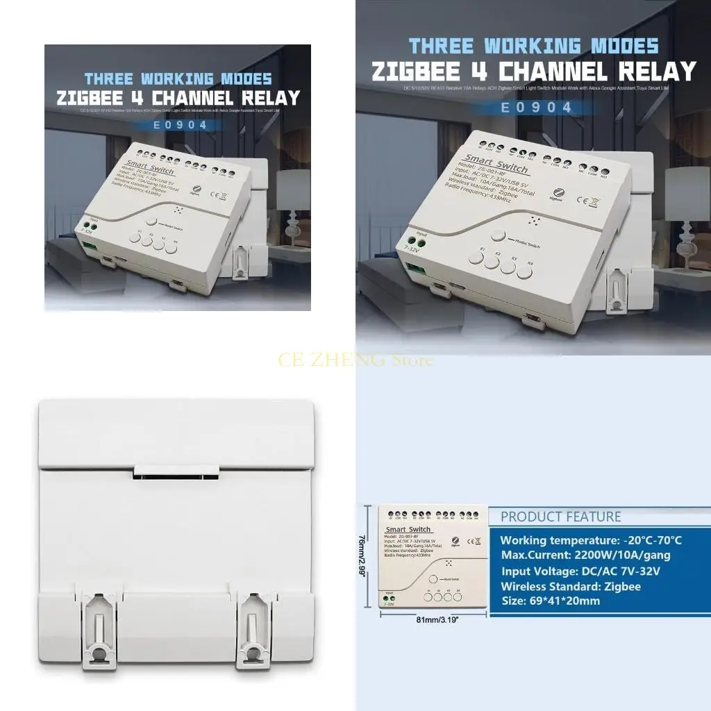 E56b módulo relé protocolo zigbee inteligente, 4 vias, tuya, 433mhz, controlador luz, acessório casa inteligente,