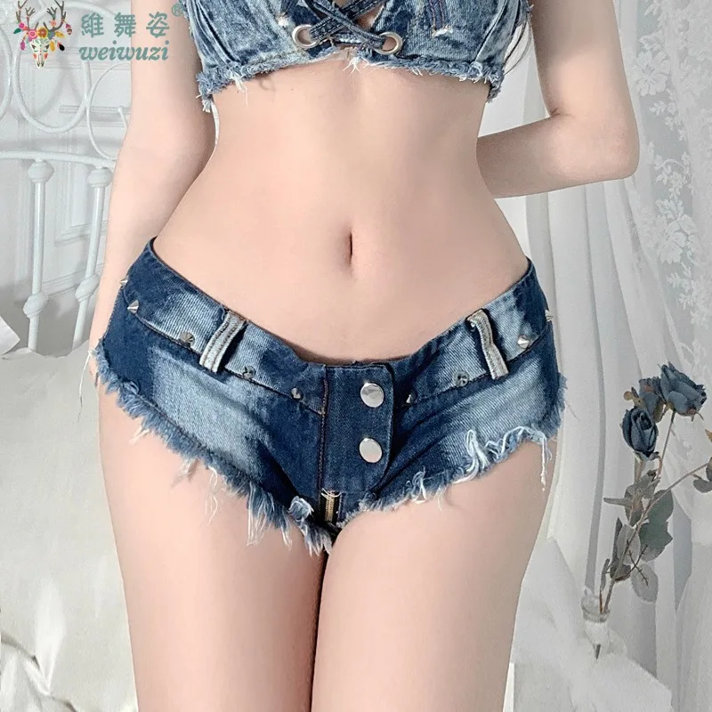 

Sexy Women Rivet Denim Ultra Shorts Low Rise Denim Open Crotch Shorts Jeans Nightclub Pole Dance DS Mini Shorts Flirting Uniform