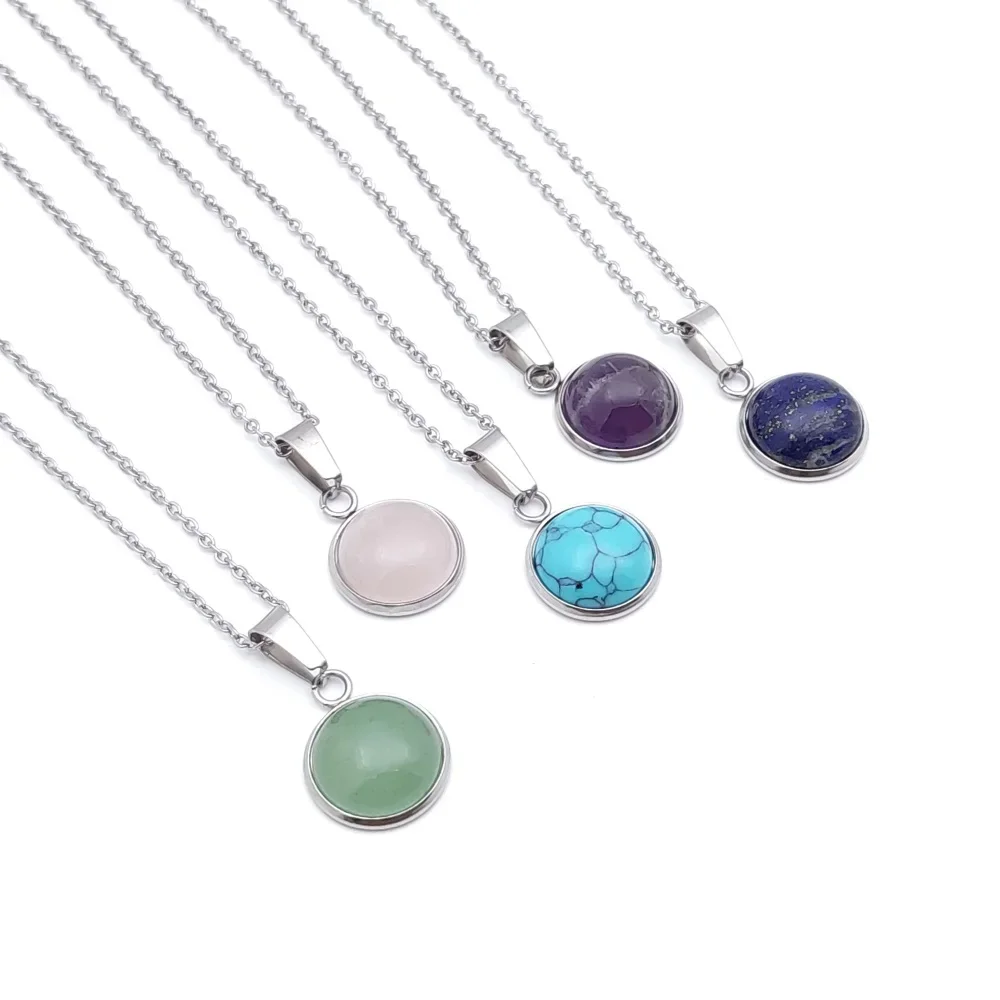 12MM Stone Pendant Stainless Steel Tiger Eye Opal Blue Rose Pink Quartz Crystal Free Chain Collar Necklace for Women Men Gift