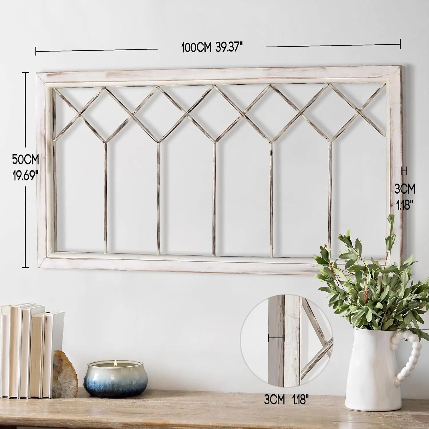 Rustic Wood Windowpane Wall Art – Distressed Farmhouse Decor, Hand-Finished Solid Wood Frame, 39