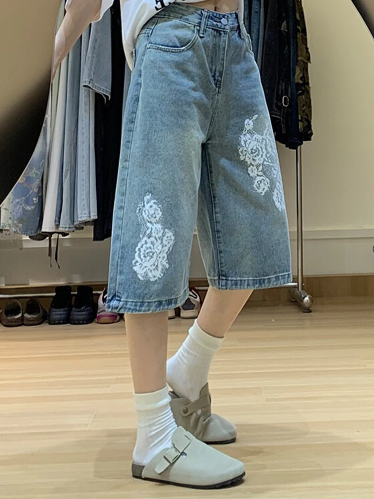 American style denim shorts for women 2025 new summer lace print design slimming wide leg pants casual cropped pants