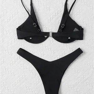 Sexy Unterdraht Frauenbikini, monochromer roter Badeanzug, Push -up -BH, Tanga, V -Collar Swing, Mini Micro Tanga Badebode, 2022 Hauptverkäufe Red Red Dental Bikini - №3