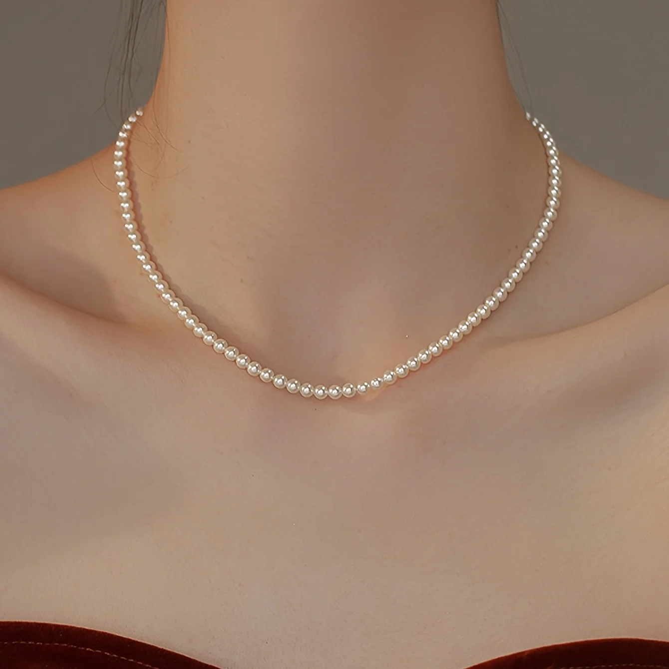 1pc 4mm French-Style Lazy Imitation Pearl Necklace Niche High-End Versatile Clavicle Chain Fashionable Elegant Temperament