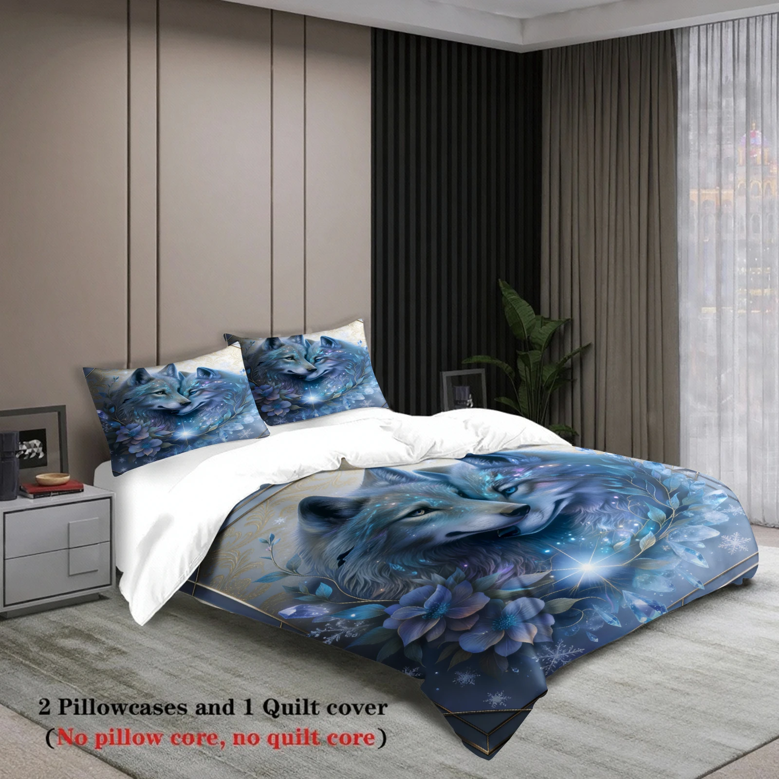 Wolf Couple Bedding Set Blue Floral And Snowflake Print Duvet Cover Pillowcases Wrinkle-Free Fade-Resistant For Bedroom