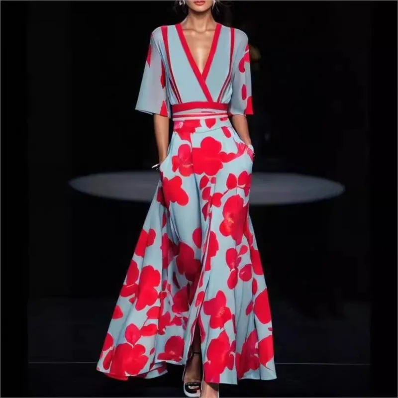 Women Midi Dresses Spring V Neck Belted Party Long Dress Sexy Print Boho Fashion A-Line Dress Short Sleeve Pocket Maxi Dresses