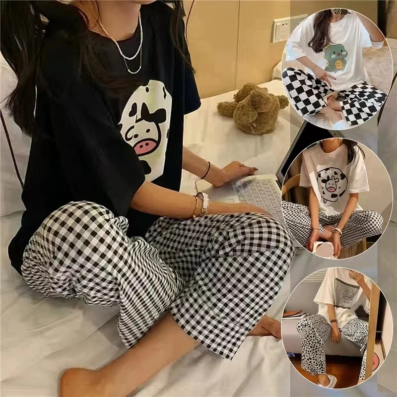 Women\'s Clothing Two-Piece Four Seasons Models Short-Sleeved Long Pants Sweet Cute Cartoon Suit Girls Comfortable Loose Homewear