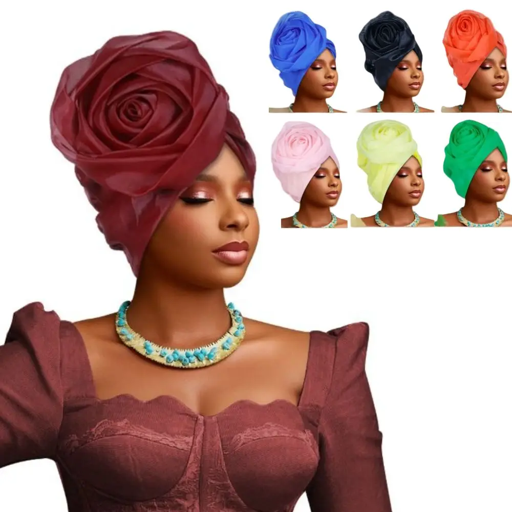 Raw Silk African Turban Caps Big Rose Flower Breathable Nigerian Wedding Geles Headwear Lightweight Head Wraps Party Headgear