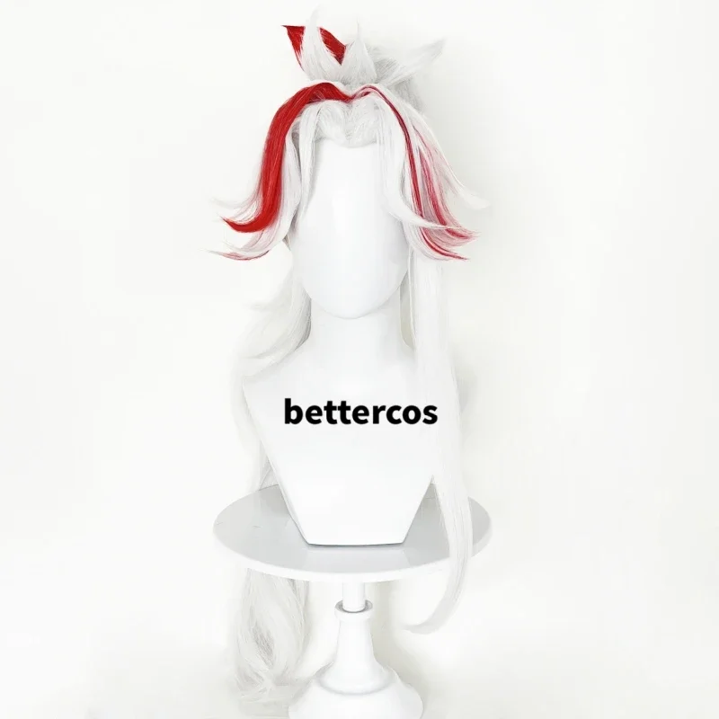 شعر مستعار LOL Heartsteel Yone تأثيري ، رمادي ، أبيض ، مقطع ذيل حصان أحمر ، مقاوم للحرارة ، شعر مستعار أنيمي اصطناعي ، قبعة