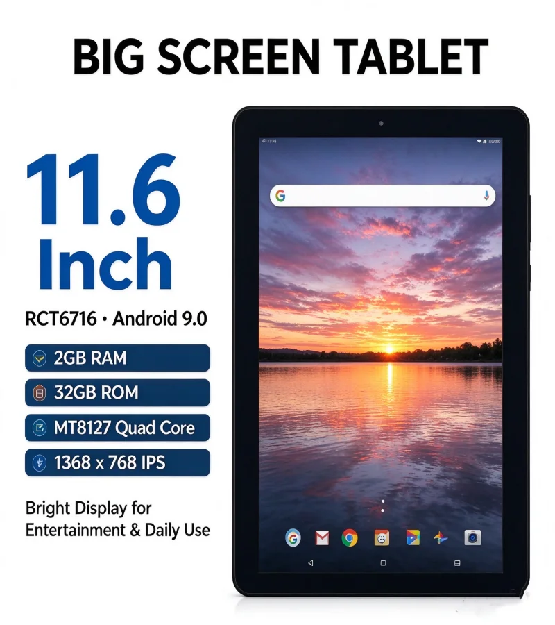11.6인치, 2GB RAM, 32GB ROM, Wi-Fi 지원, RCT9513 태블릿 PC, 10포인트 터치, 해상도 1368 x 768, IPS 디스플레이, 운영체제: 안드로이드 7.0, CPU: MT8127 쿼드 코어.