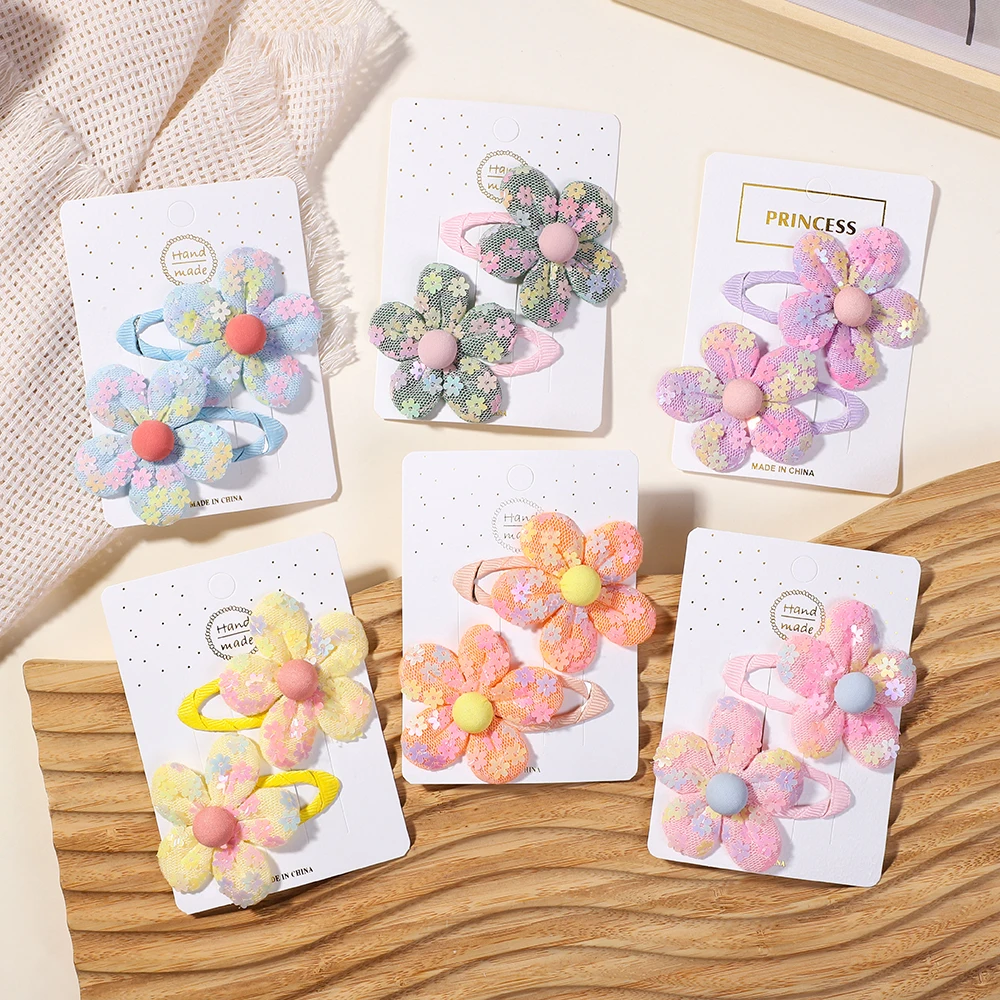 2-Piece SetChildren\'s Cute Fabric Flower Pair Clip Hair Accessories Girl Hairpin Temperament Clip Baby Headdress Gifts Wholesale