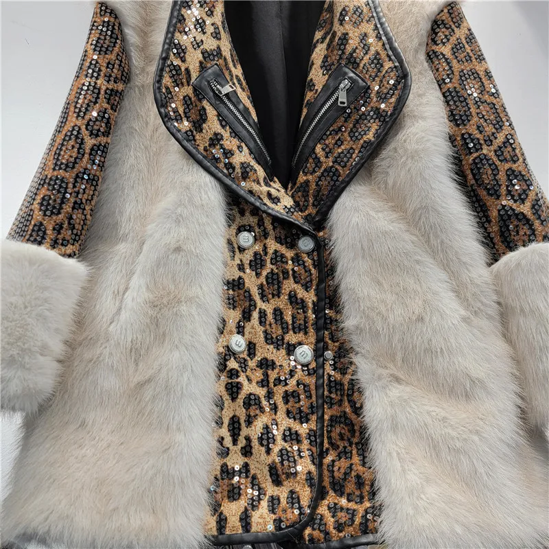 Przemysł ciężki cekinowy płaszcz ze sztucznego futra z klapami wszechstronna moda płaszcz z imitacji futra zimowe ubrania damskie 2024 modne płaszcze