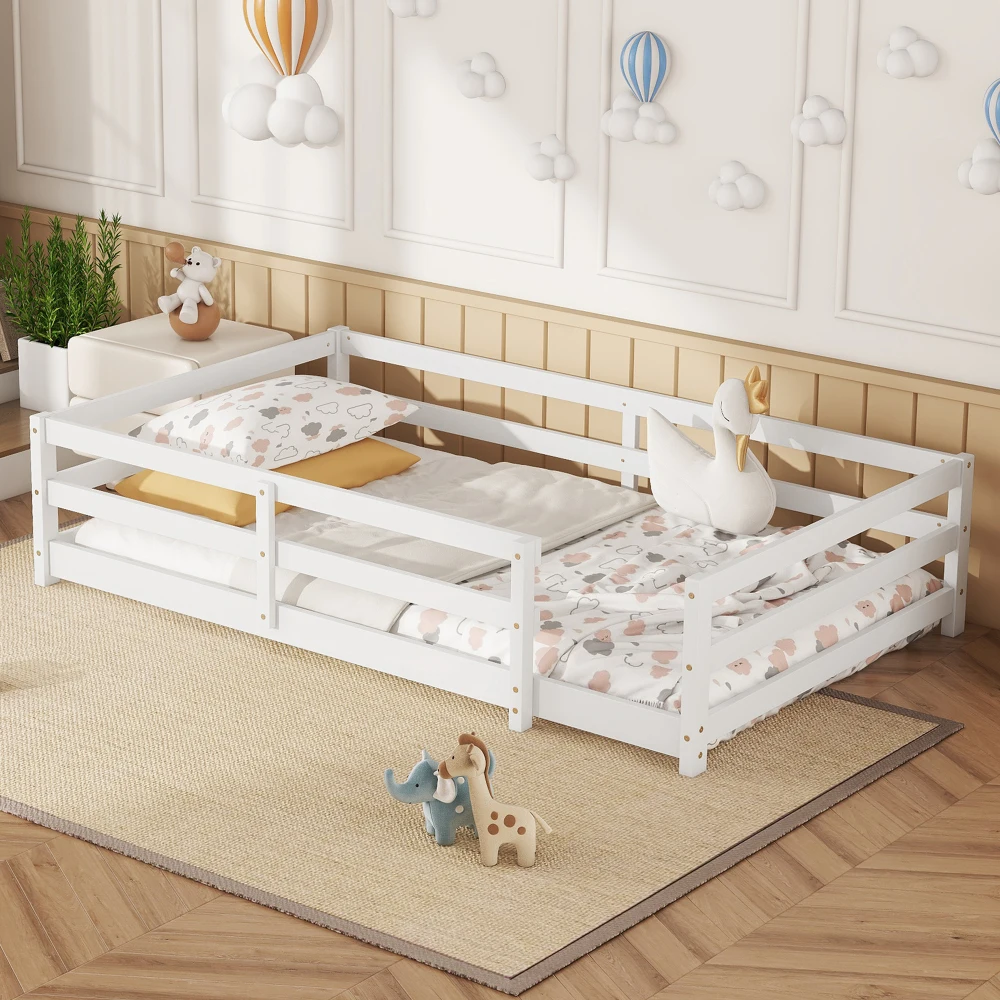 

Twin Size Floor Bed, Montessori Floor Bed with Fence, Kids Montessori Bed Twin Size